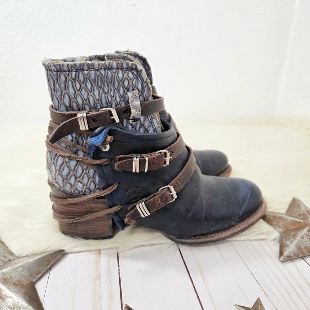 Freebird Crue Ankle boots navy multi dark blue strappy leather booties women's 7